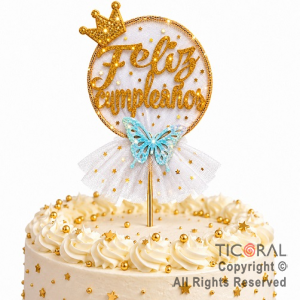 CAKE TOPPER FELIZ CUMPLEA�OS CIRCULO ORO CON TUL BLANCO